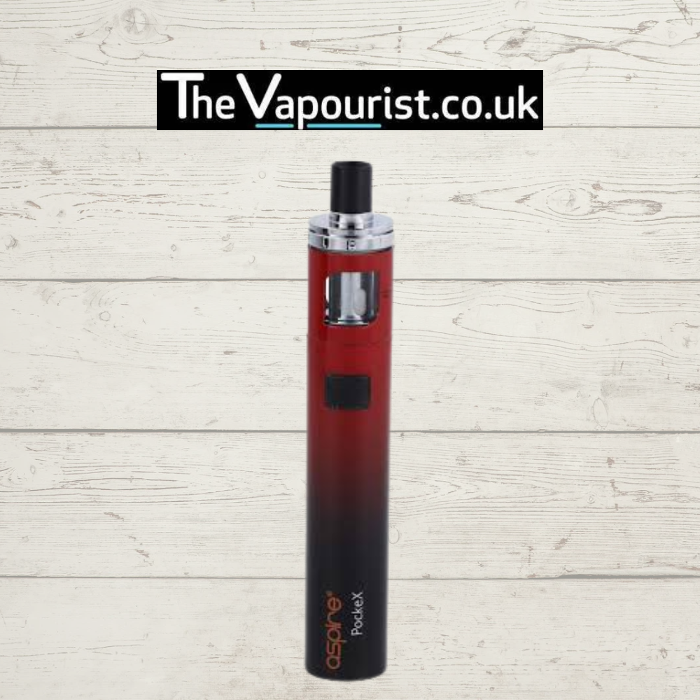 Aspire PockeX Kit in red to black gradient, compact AIO vaporizer with Nautilus X & PockeX coil compatibility. Great for new vapers.