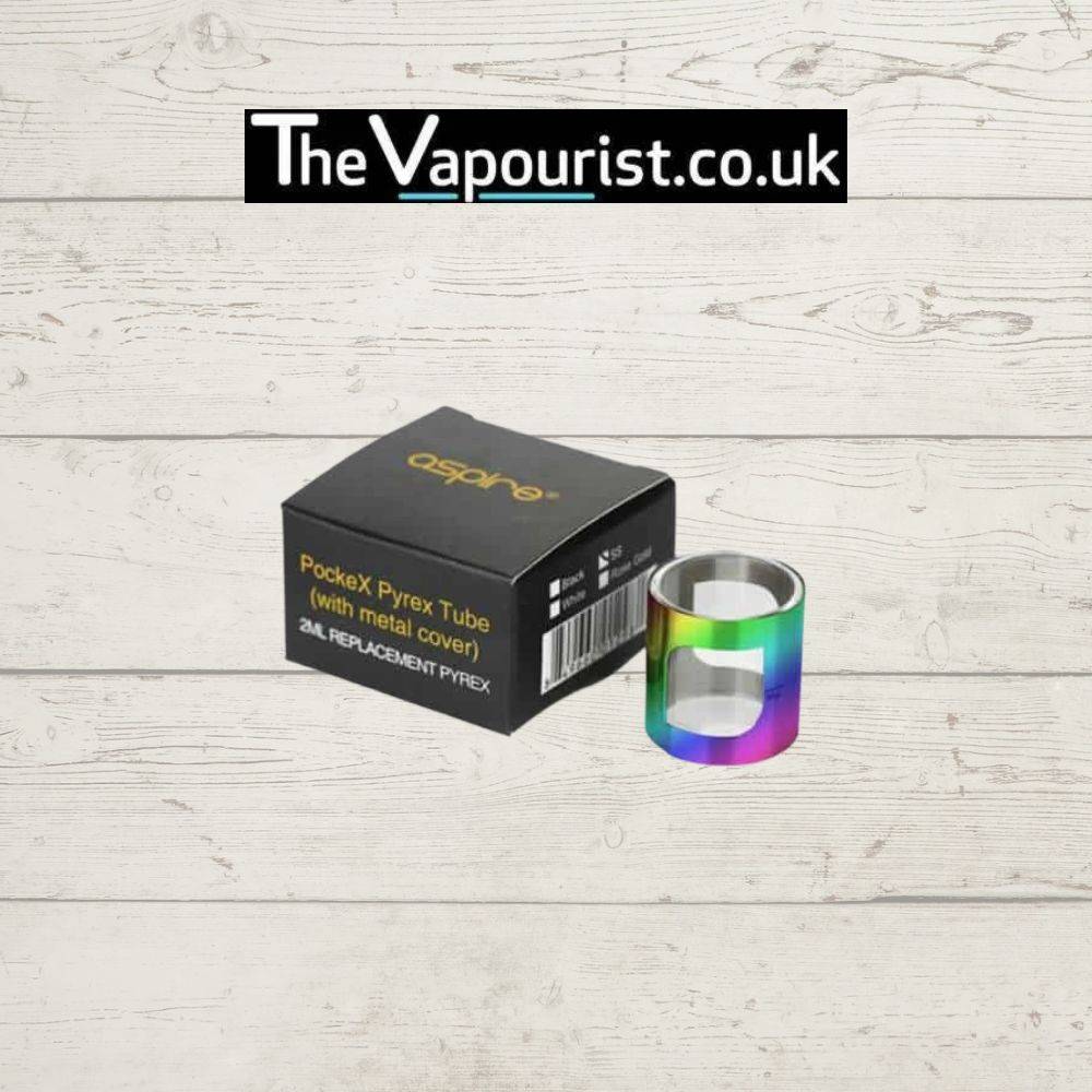 Rainbow Aspire PockeX Pyrex Glass replacement tube with box packaging. Stylish and colorful upgrade for PockeX vaporizers.