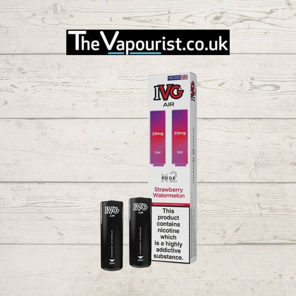 IVG Air Replacements Pods 2 Pack Strawberry Watermelon with 20mg nic salt for IVG AIR Kit, shown with packaging and two black pods.