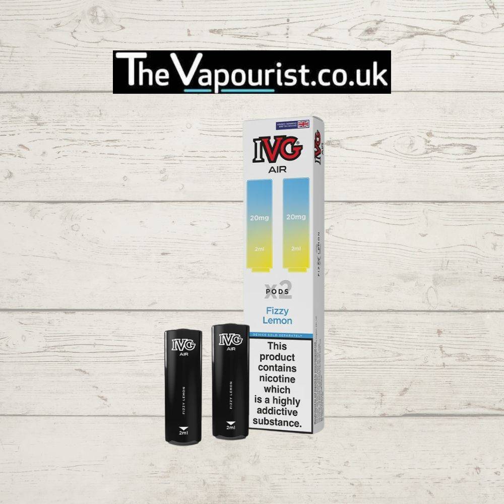 IVG Air Replacements Pods 2 Pack Fizzy Lemon 20mg Salt for IVG AIR Kit, featuring 2ml prefilled pods with 20mg nicotine strength in lemon flavor.