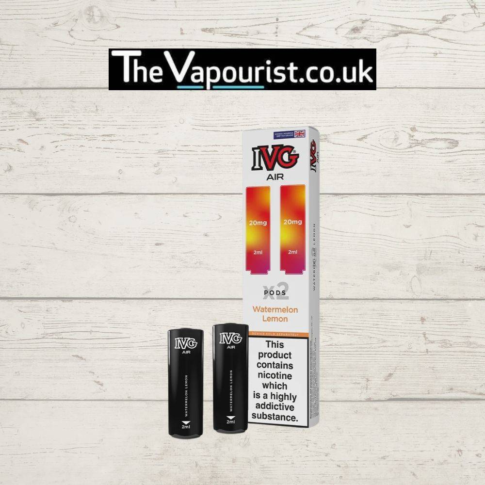 IVG Air Replacements Pods 2 Pack Watermelon Lemon 20mg displayed with packaging and two black pods. Designed for IVG AIR Kit with 20mg nic salt.