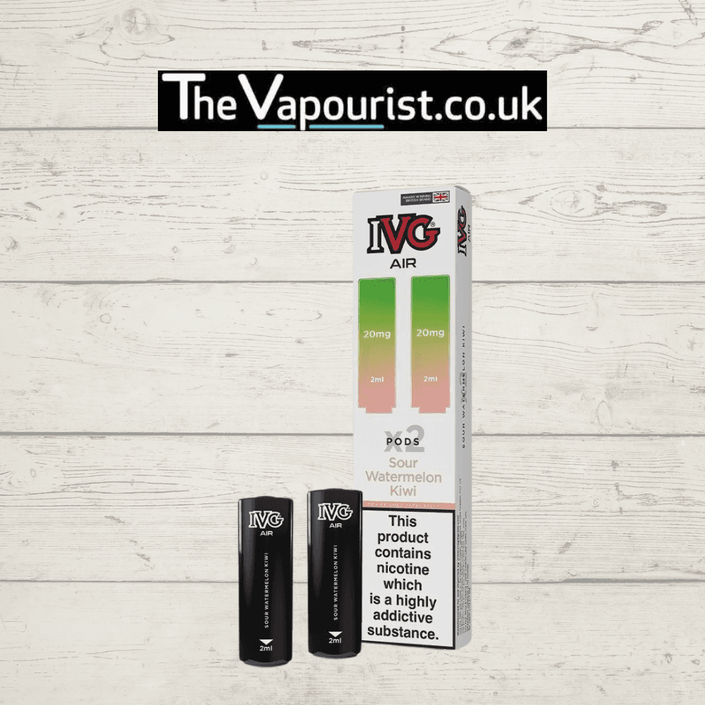 IVG Air Replacements Pods 2 Pack Sour Watermelon Kiwi with 20mg Nic Salt for IVG AIR Kit, shown in retail packaging with two black pods displayed.
