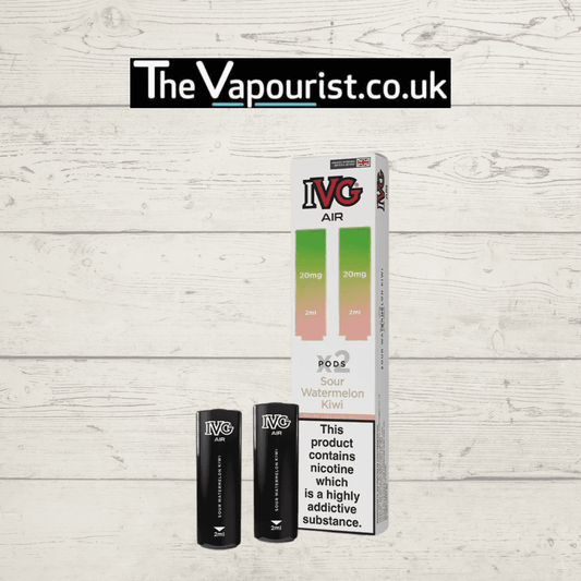 IVG Air Replacements Pods 2 Pack Sour Watermelon Kiwi with 20mg Nic Salt for IVG AIR Kit, shown in retail packaging with two black pods displayed.
