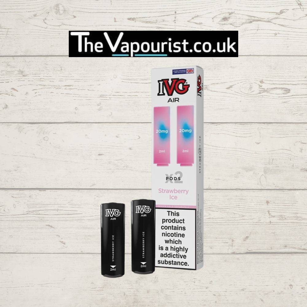 IVG Air Replacements Pods 2 Pack Strawberry Ice 20mg for IVG AIR Kit with 2ml prefilled nic salt pods, displayed with branded packaging.