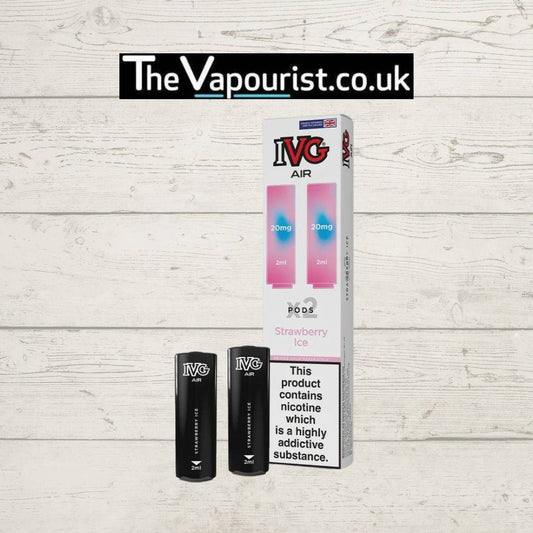 IVG Air Replacements Pods 2 Pack Strawberry Ice 20mg for IVG AIR Kit with 2ml prefilled nic salt pods, displayed with branded packaging.