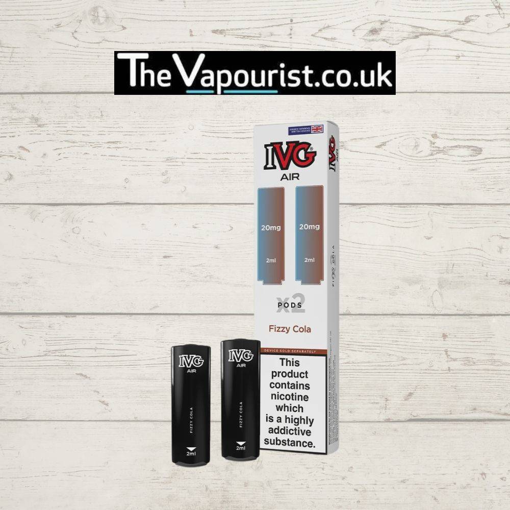 IVG Air Replacements Pods 2 Pack Fizzy Cola 20mg nic salts for IVG AIR Kit, featuring 2ml prefilled pods with fizzy cola flavor and 20mg nicotine strength.