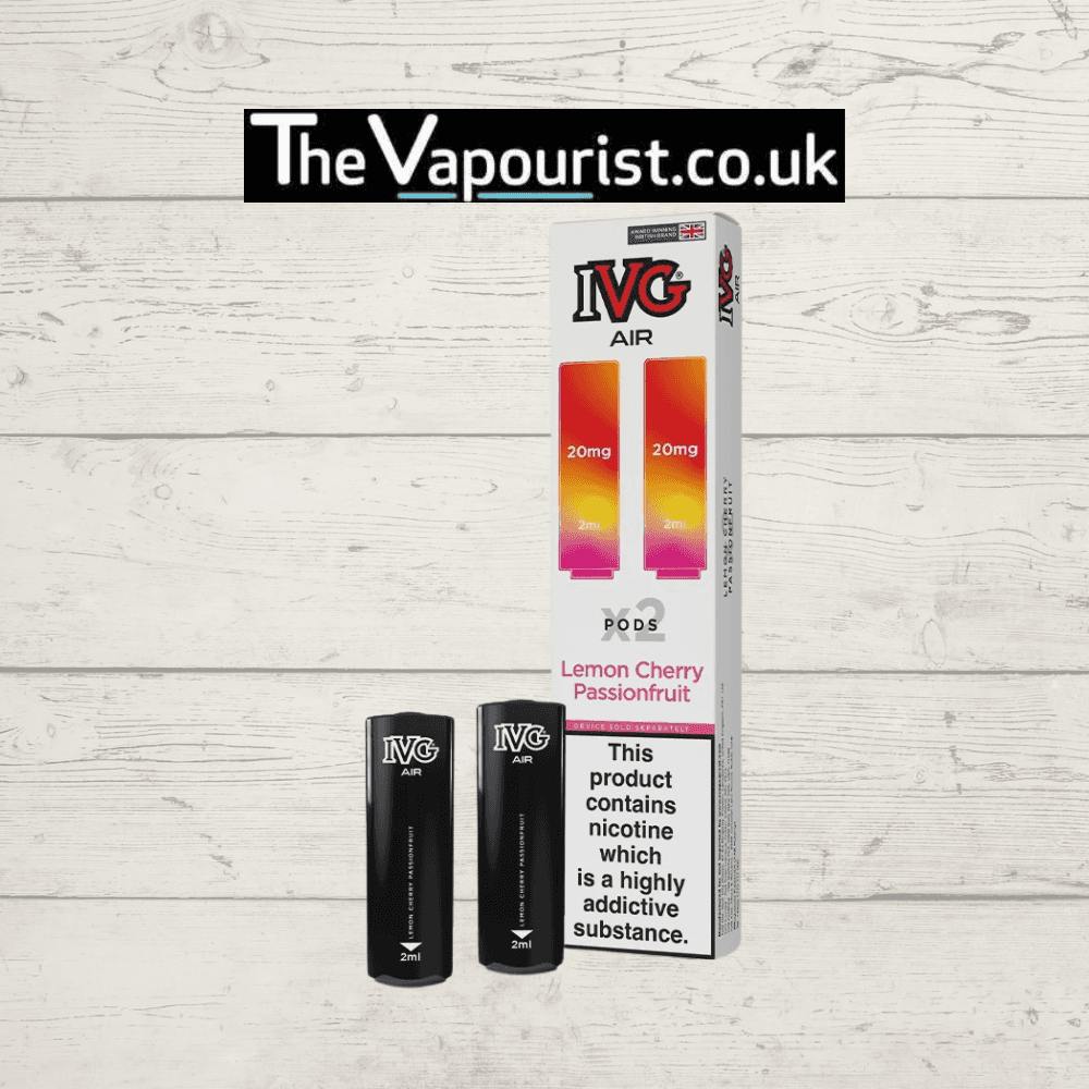 IVG Air Replacements Pods 2 Pack Lemon Cherry Passionfruit with 20mg Nic Salt for IVG AIR Kit, featuring sleek black 2ml prefilled pods.