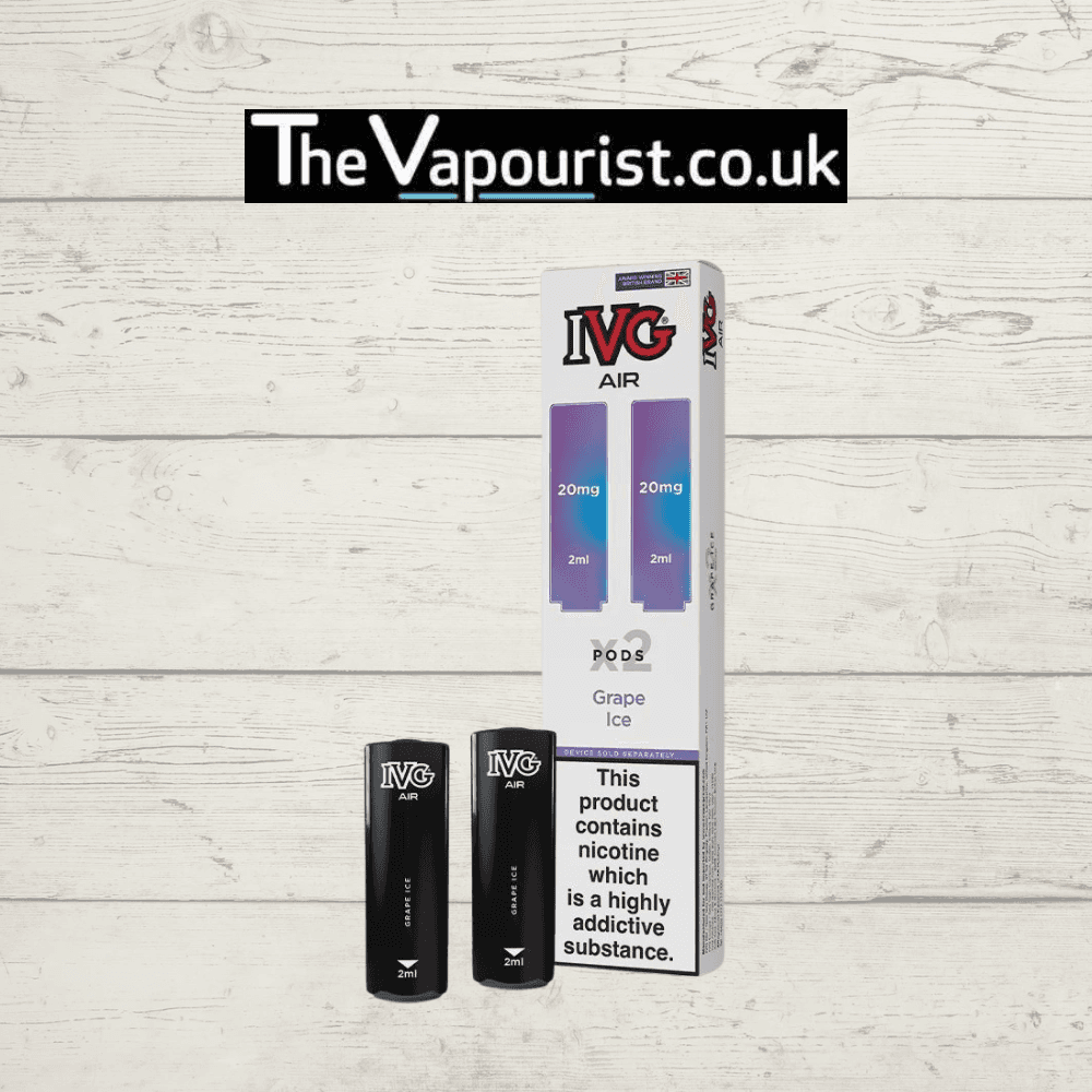 IVG Air Replacements Pods 2 Pack Grape Ice 20mg Nic Salt for IVG AIR Kit, featuring 2ml prefilled pods with 20mg nicotine salt in a fruity menthol flavor.