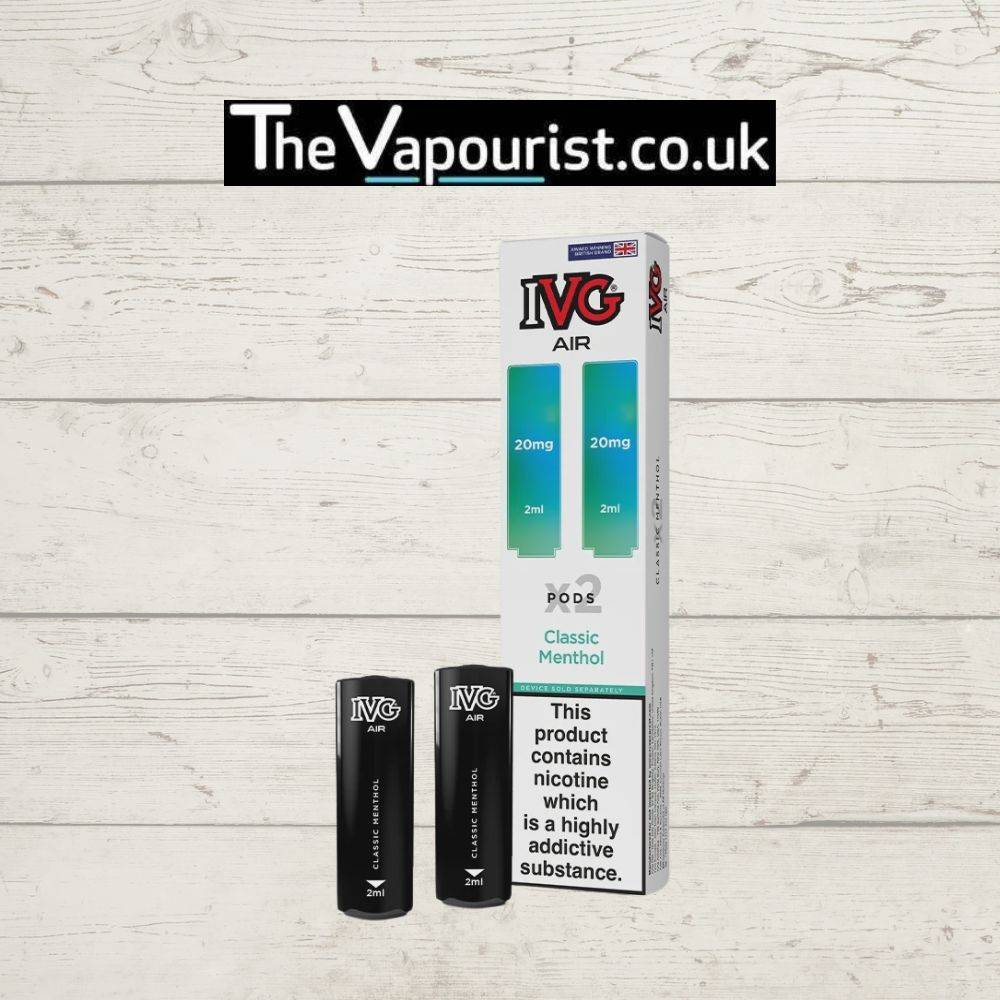 IVG Air Replacements Pods 2 Pack Classic Menthol with 20mg Nic Salt, compatible with IVG AIR Kit, shown with packaging and two black pods.