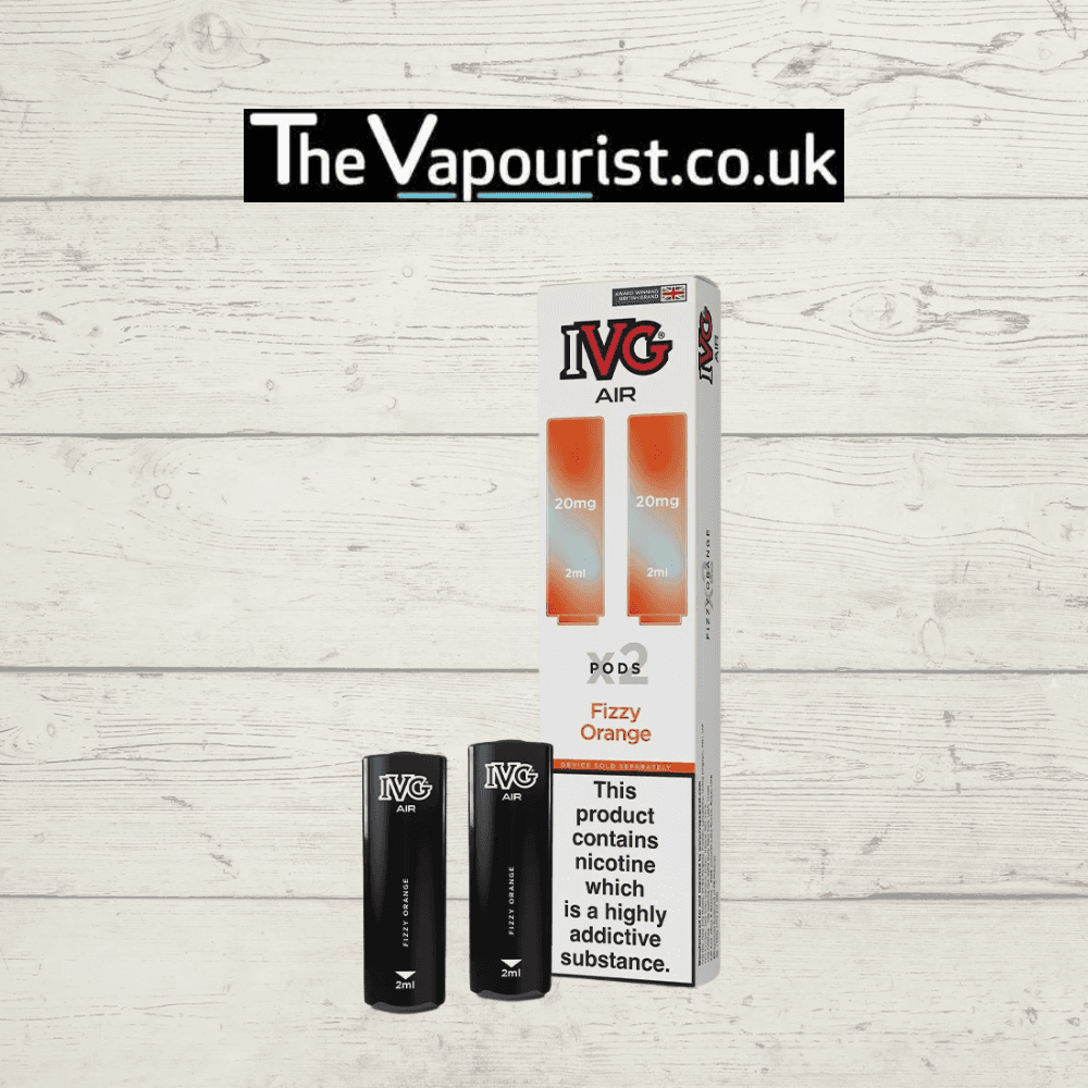 IVG Air Replacements Pods 2 Pack Fizzy Orange 20mg displayed with packaging and pods, designed for IVG AIR Kit with 20mg nic salt e-liquid.