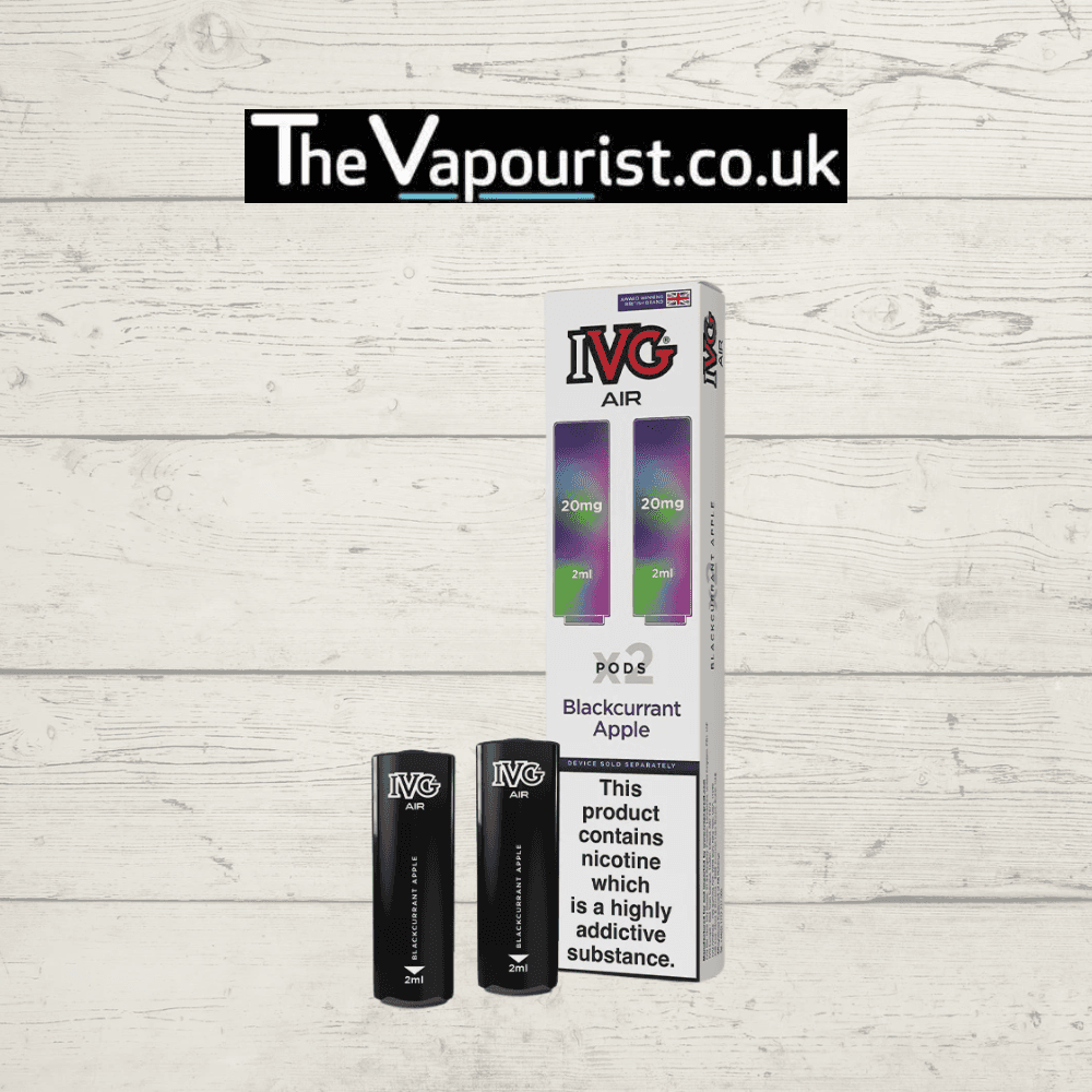 IVG Air Replacements Pods 2 Pack Blackcurrant Apple with 20mg nic salt for IVG AIR Kit, featuring sleek black pods and branded packaging.