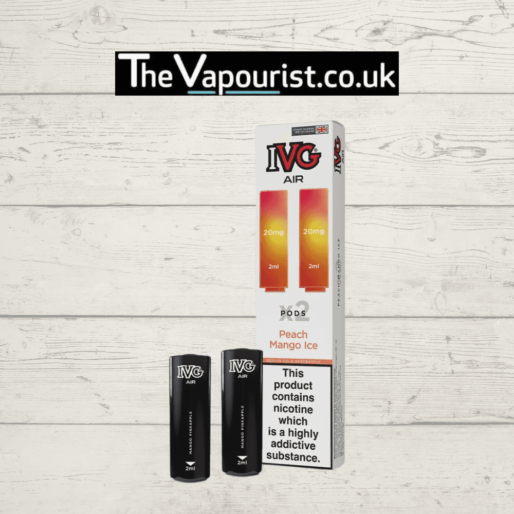 IVG Air Replacements Pods 2 Pack Peach Mango Ice 20mg displayed with packaging and two black pods, designed for IVG AIR Kit use with 20mg nic salt.