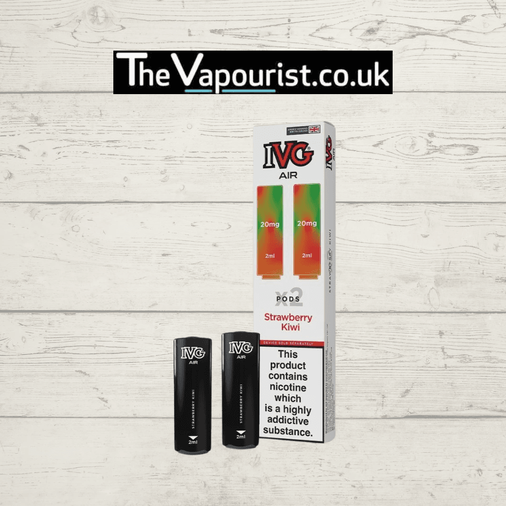 IVG Air Replacements Pods 2 Pack Strawberry Kiwi 20mg for IVG AIR Kit, featuring 2ml prefilled pods with 20mg nic salt in a fruity blend.