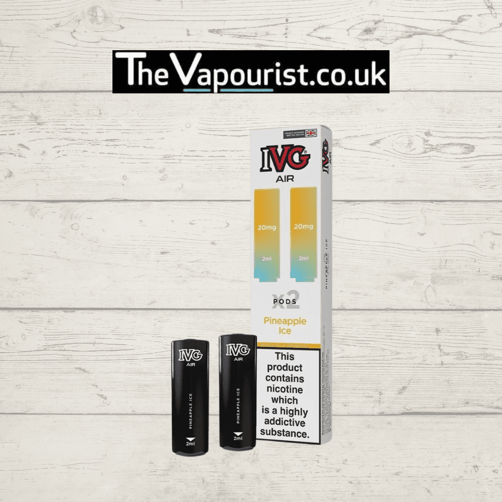 IVG Air Replacements Pods 2 Pack Pineapple Ice 20mg displayed with packaging and pods, designed for IVG AIR Kit with 20mg nic salt flavor.