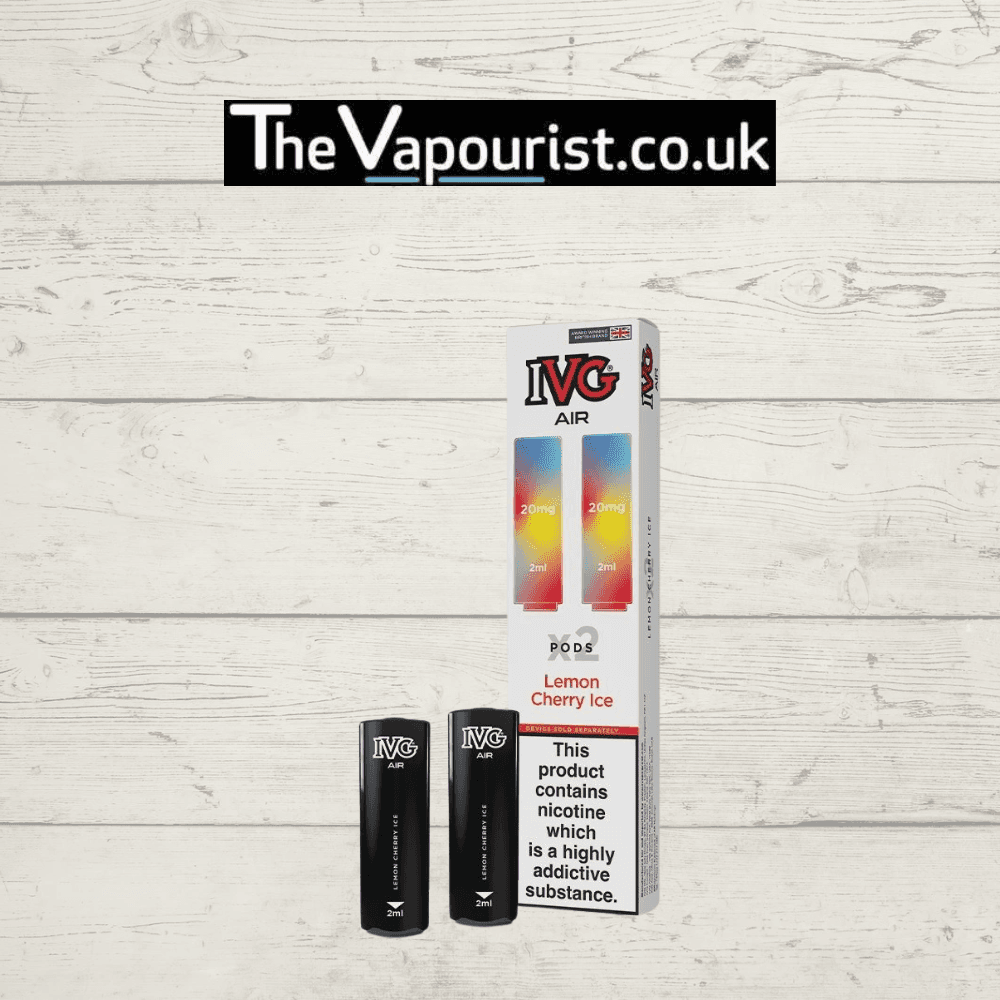 IVG Air Replacements Pods 2 Pack Lemon Cherry Ice 20mg displayed with packaging and pods, designed for IVG AIR Kit with 20mg nic salt strength.