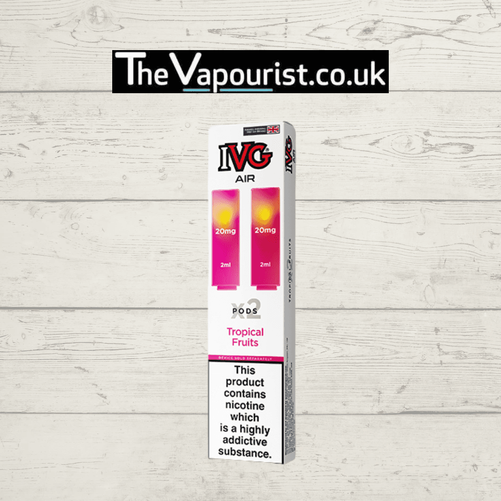 IVG Air Replacements Pods 2 Pack Tropical Fruits 20mg nic salt for IVG AIR Kit, featuring 2ml prefilled pods with tropical fruit flavor and 20mg nicotine strength.