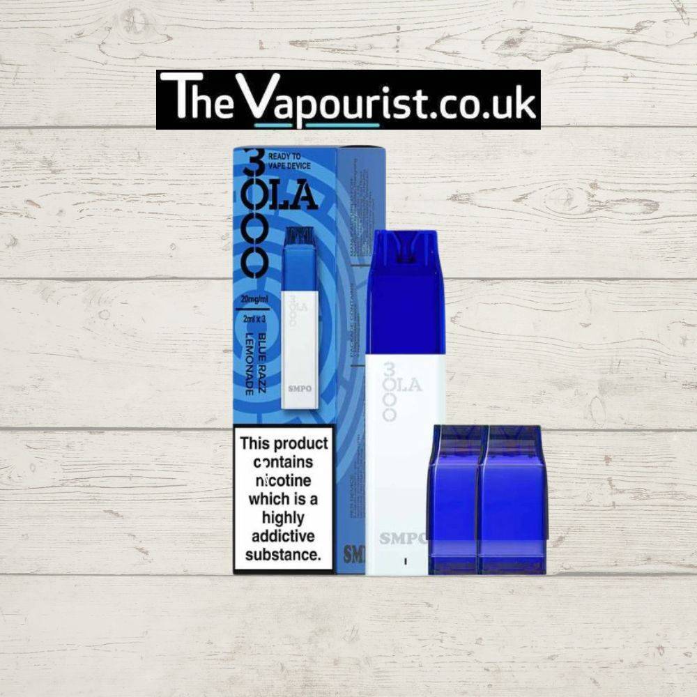 SMPO OLA 3000 Pod Kit in blue with 3 prefilled pods, XROS pod compatibility, and USB-C charging for a powerful vaping experience.