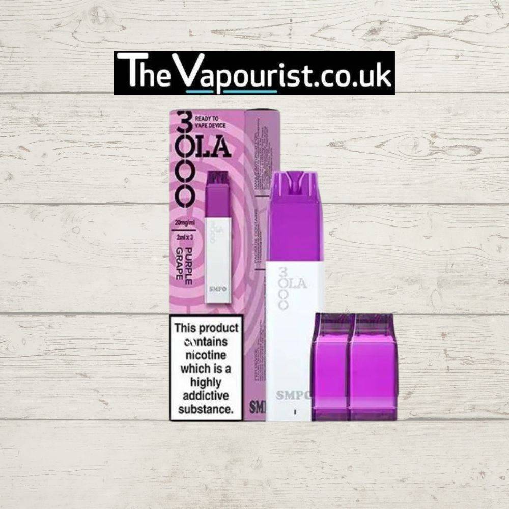 SMPO OLA 3000 Pod Kit in purple grape flavor, offering XROS pod compatibility and sleek design with USB-C rechargeable battery.