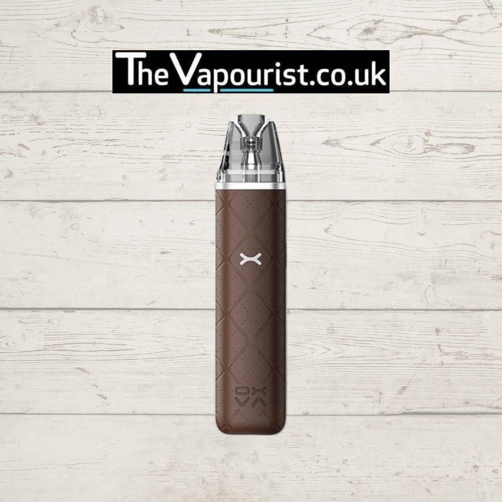 OXVA Xlim Go Pod Kit in brown with quilted texture, displayed vertically on rustic wood background for The Vapourist UK e-commerce listing.