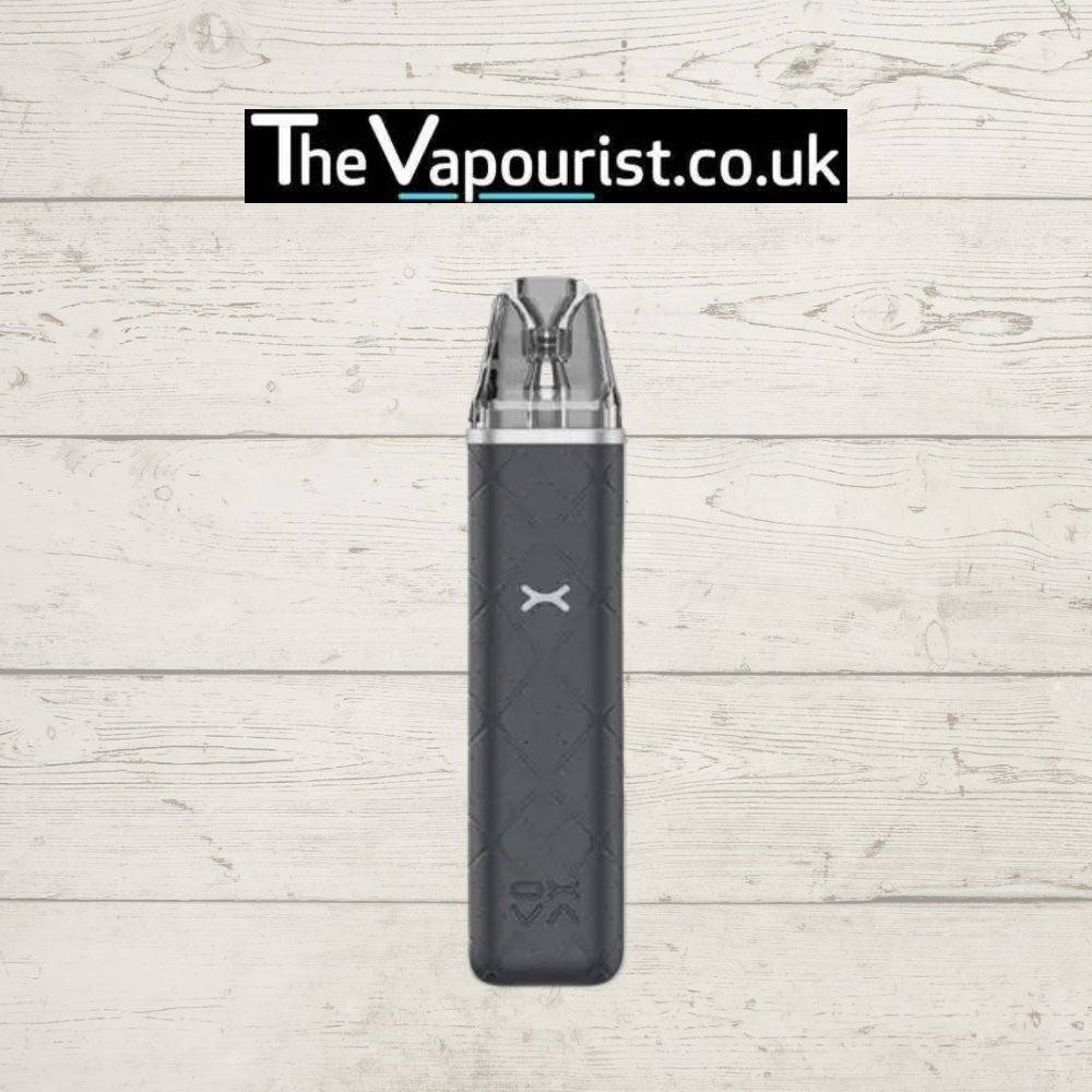Dark grey OXVA Xlim Go Pod Kit with diamond-patterned grip, shown upright for product showcase on The Vapourist UK website.