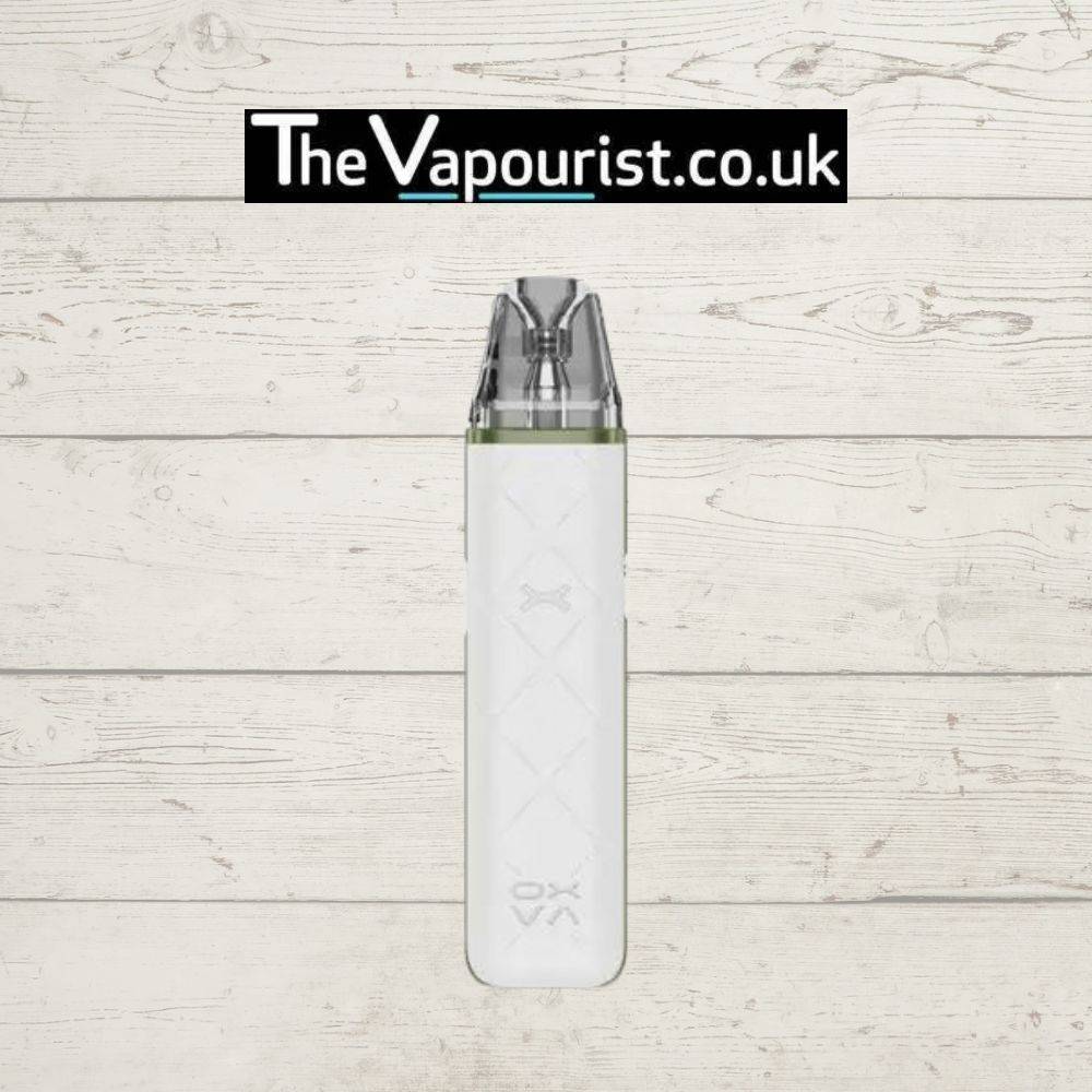 White OXVA Xlim Go Pod Kit with translucent green top, modern design highlighted for vaping product listing on The Vapourist UK.