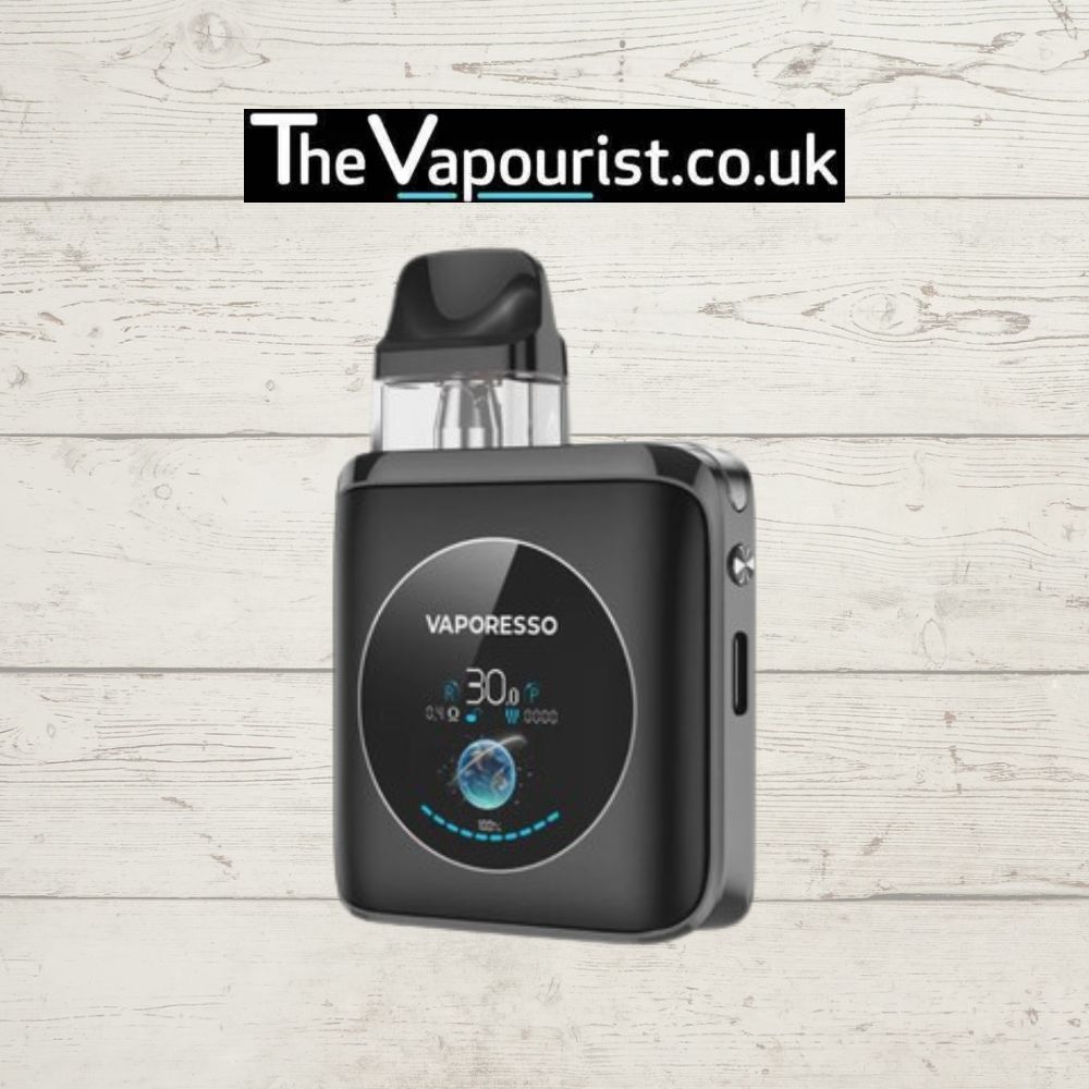 Vaporesso XROS 4 Nano Pod Kit in sleek black, showcasing its compact build and performance display, sold by TheVapourist.co.uk.