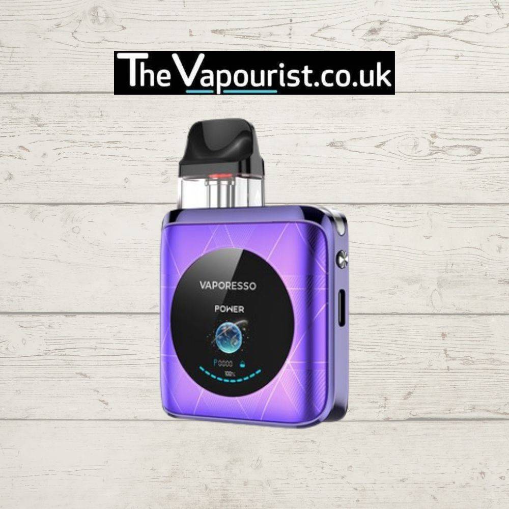 Purple Vaporesso XROS 4 Nano Pod Kit with stylish geometric design and digital interface, offered at TheVapourist.co.uk.