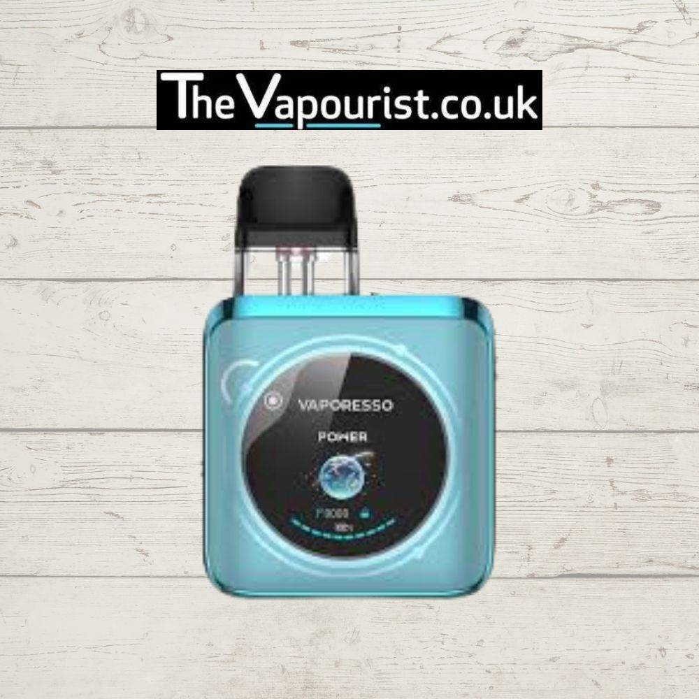 Aqua blue Vaporesso XROS 4 Nano Pod Kit with modern compact design and circular display, featured by TheVapourist.co.uk.