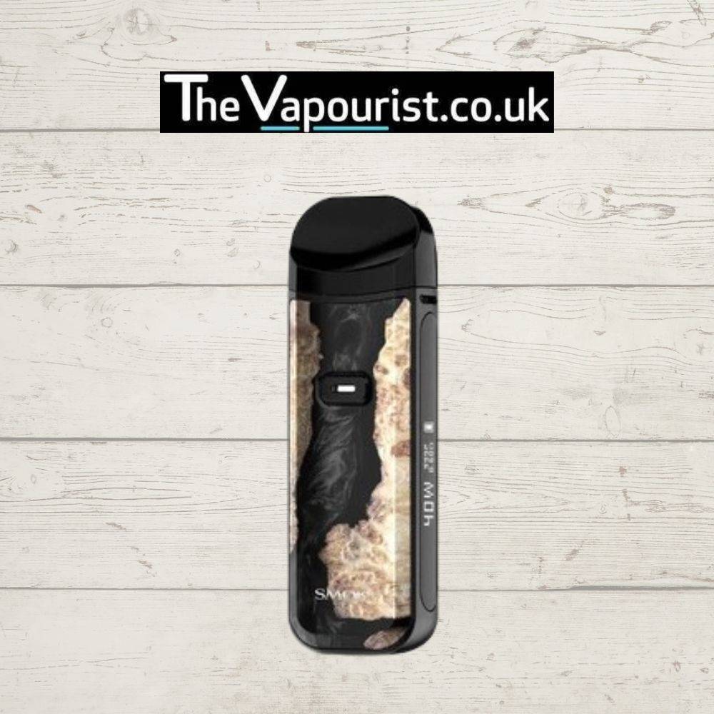 SMOK Nord 2 Kit - Versatile & Powerful Pod Systems in wood and black resin finish, featuring 1500mAh battery and OLED display for vaping.