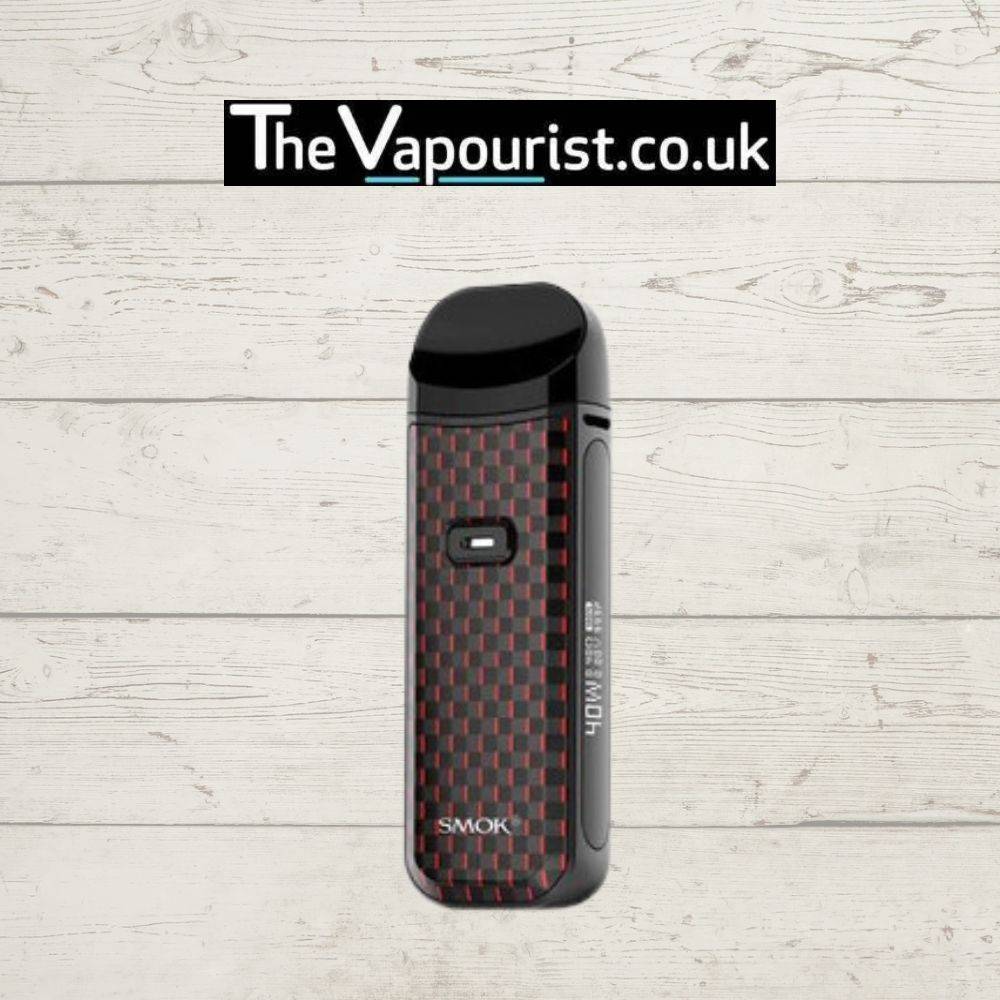 SMOK Nord 2 Kit - Versatile & Powerful Pod Systems in red and black carbon fiber design, compact pod vape with 1500mAh battery and OLED screen.