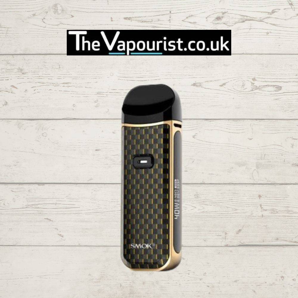 SMOK Nord 2 Kit - Versatile & Powerful Pod Systems in gold and black carbon fiber style, premium pod vape with OLED screen and 1500mAh battery.