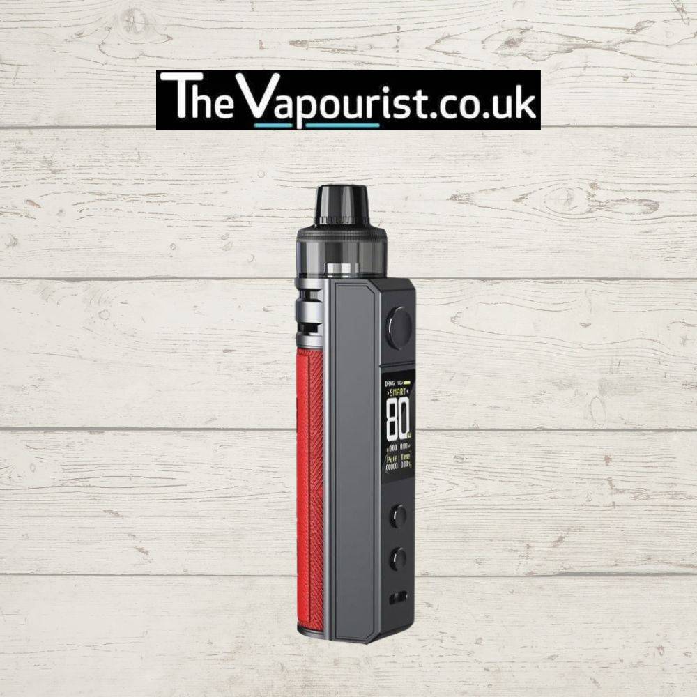 Voopoo Drag H80s Kit - sleek and portable vape device in gunmetal with red grip, featuring customizable settings and OLED screen.