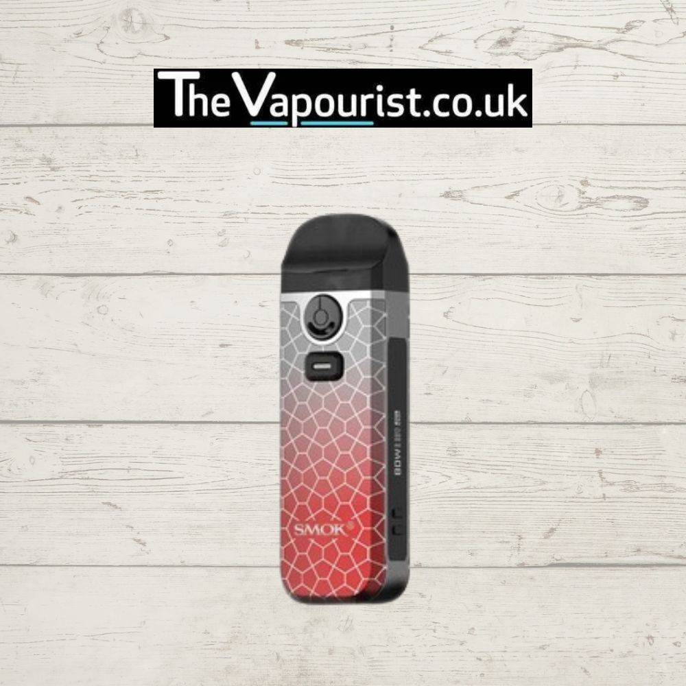SMOK Nord 4 Kit in red and grey cobra design, featuring a 2000mAh battery. Premium pod system available at TheVapourist.co.uk.