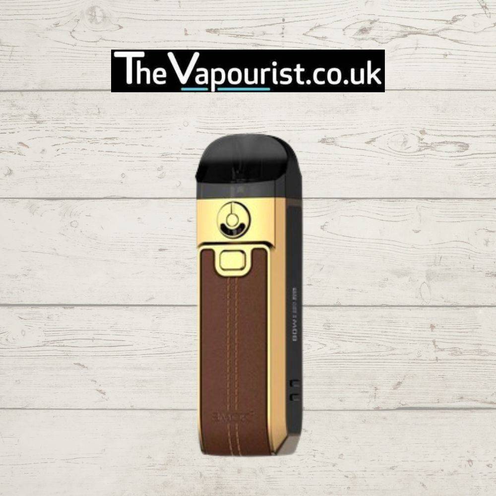 SMOK Nord 4 Kit in gold and brown leather design with 2000mAh battery. Elegant and powerful pod system from TheVapourist.co.uk.