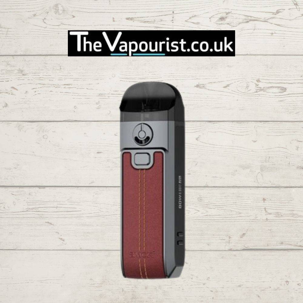 SMOK Nord 4 Kit in red leather finish with 2000mAh battery. Durable and stylish pod system available at TheVapourist.co.uk.
