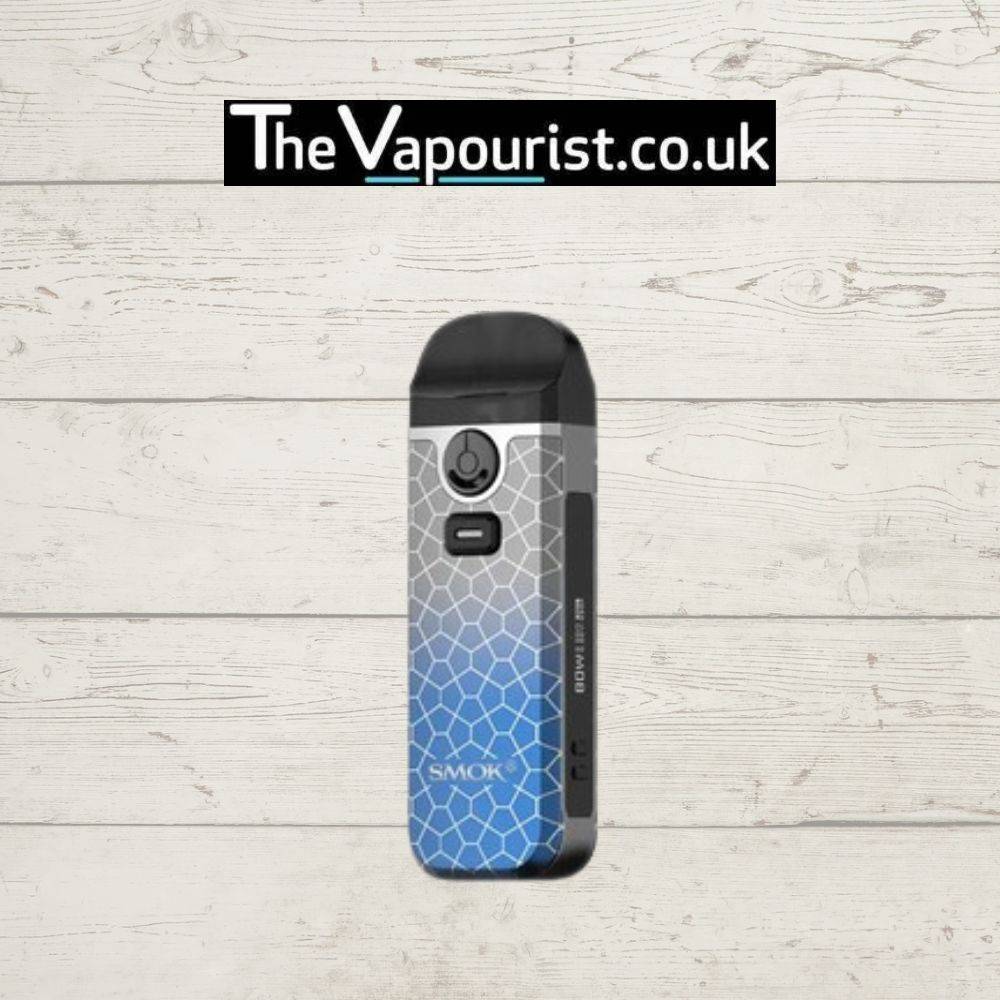 SMOK Nord 4 Kit in blue and grey cobra pattern with 2000mAh battery. Modern and versatile pod system from TheVapourist.co.uk.
