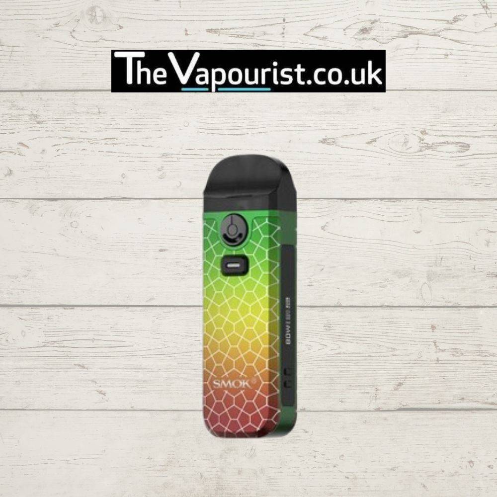 SMOK Nord 4 Kit in green and red cobra gradient with 2000mAh battery. Eye-catching pod system available at TheVapourist.co.uk.
