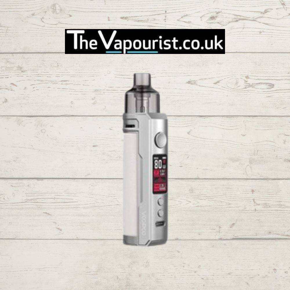Voopoo Drag X Pod Mod Kit in silver with 80W display – sleek high performance vape device with customizable wattage control.
