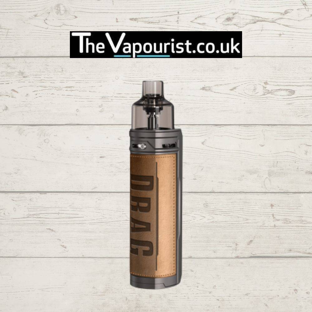 Voopoo Drag X Pod Mod Kit in tan leather – premium vape device with high performance features and stylish leather wrap.