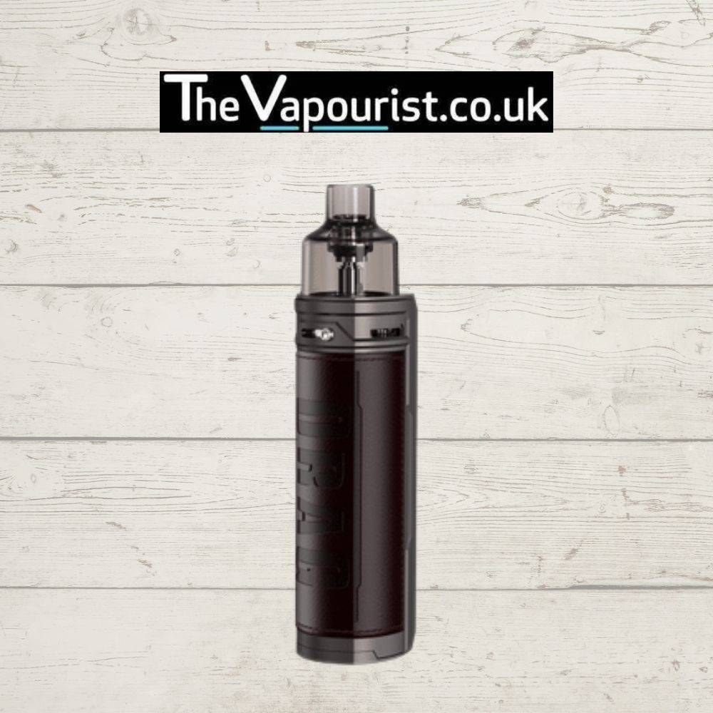 Voopoo Drag X Pod Mod Kit in dark brown leather – elegant and powerful vape device with ergonomic leather grip.