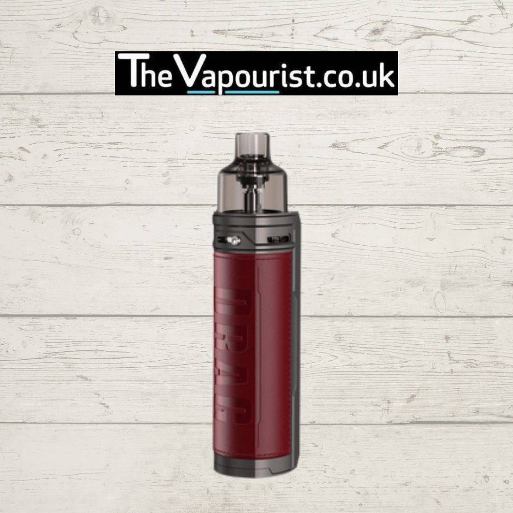Voopoo Drag X Pod Mod Kit in red leather – high performance vape device with bold color and customizable settings.