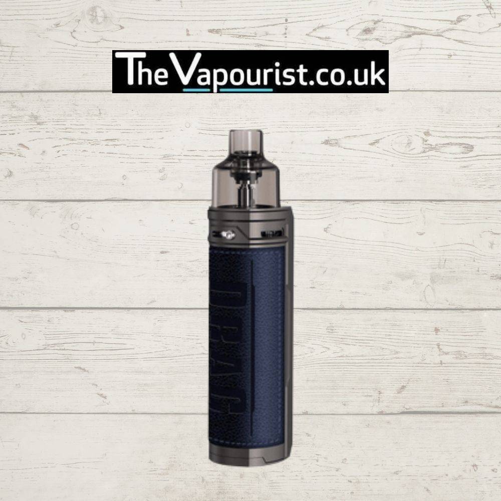 Voopoo Drag X Pod Mod Kit in navy blue leather – stylish high performance vape device with durable and comfortable grip.
