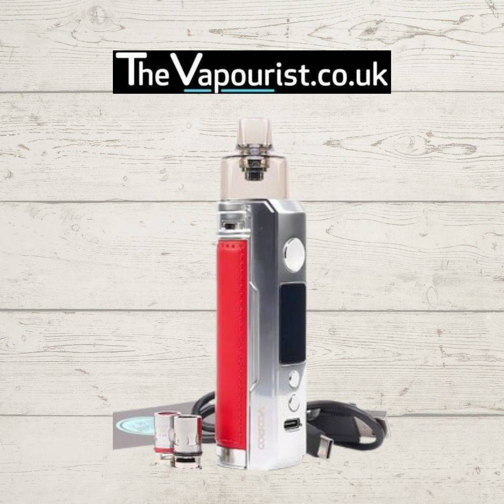 Voopoo Drag X Pod Mod Kit in silver and red with accessories – high performance vape kit with coils and USB-C cable included.