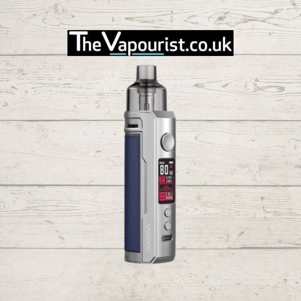 Voopoo Drag X Pod Mod Kit in silver and blue with 80W display – customizable high performance vape device with sleek finish.