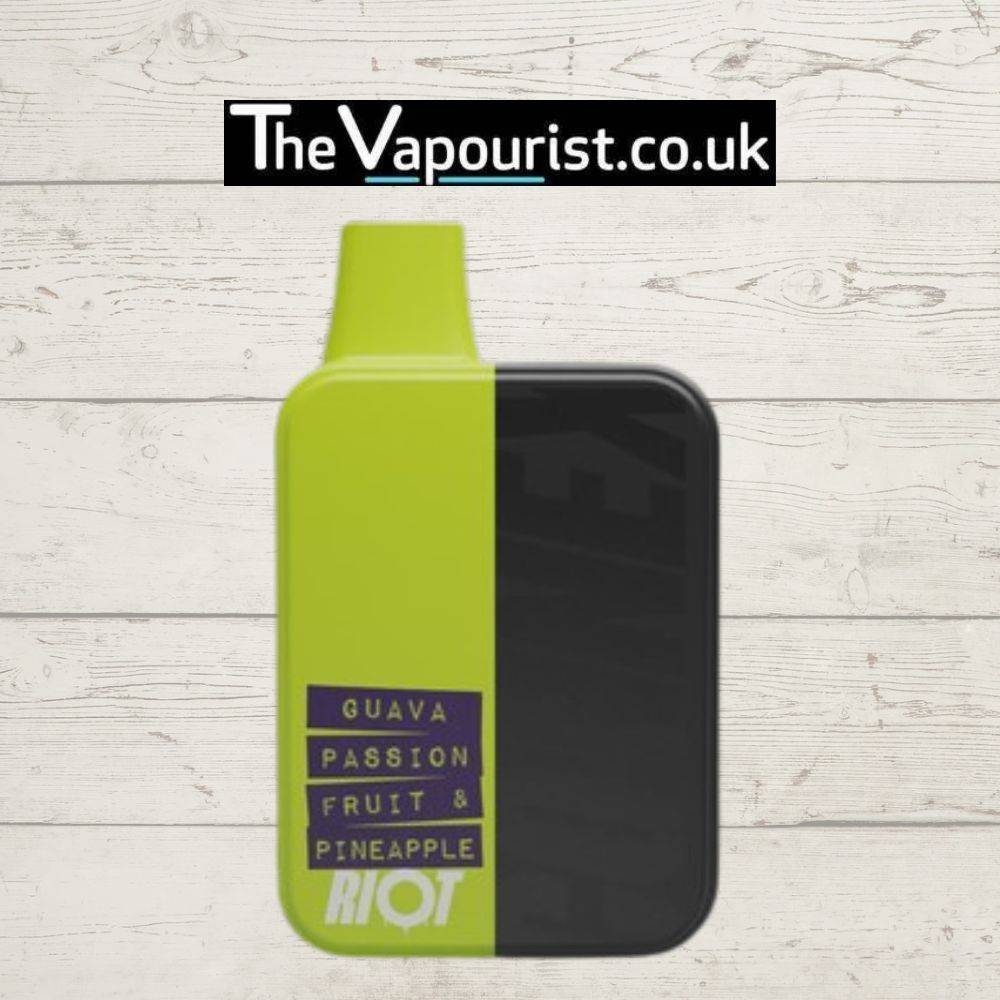 Riot Connex Prefilled Pod Kit Guava Passion Pineapple with sleek green and black design, ideal for flavourful vaping with 900mAh battery and 2x 2ml pods.