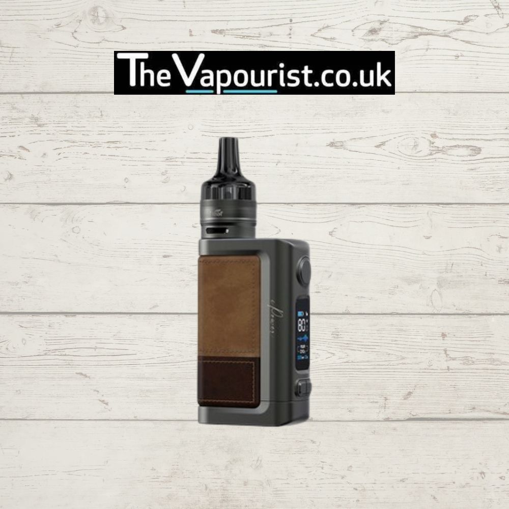 Eleaf iStick Power 2 Kit - 5000mAh built in battery in gunmetal with brown leather grip. Durable and elegant vape mod for advanced e-liquid vaping.