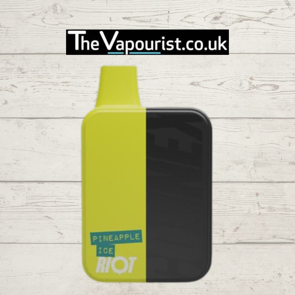 Riot Connex Prefilled Pod Kit Pineapple Ice in lime green and black design with 900mAh battery and 2x 2ml pods, displayed on wood background.