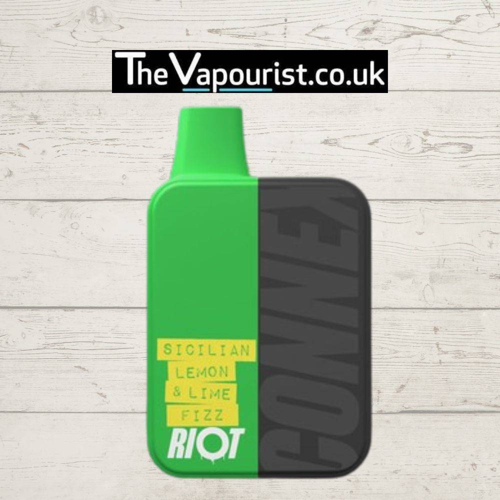 Riot Connex Prefilled Pod Kit Lemon Lime Fizz 20mg with bold green and black design, featuring Sicilian Lemon & Lime Fizz flavor label on front.