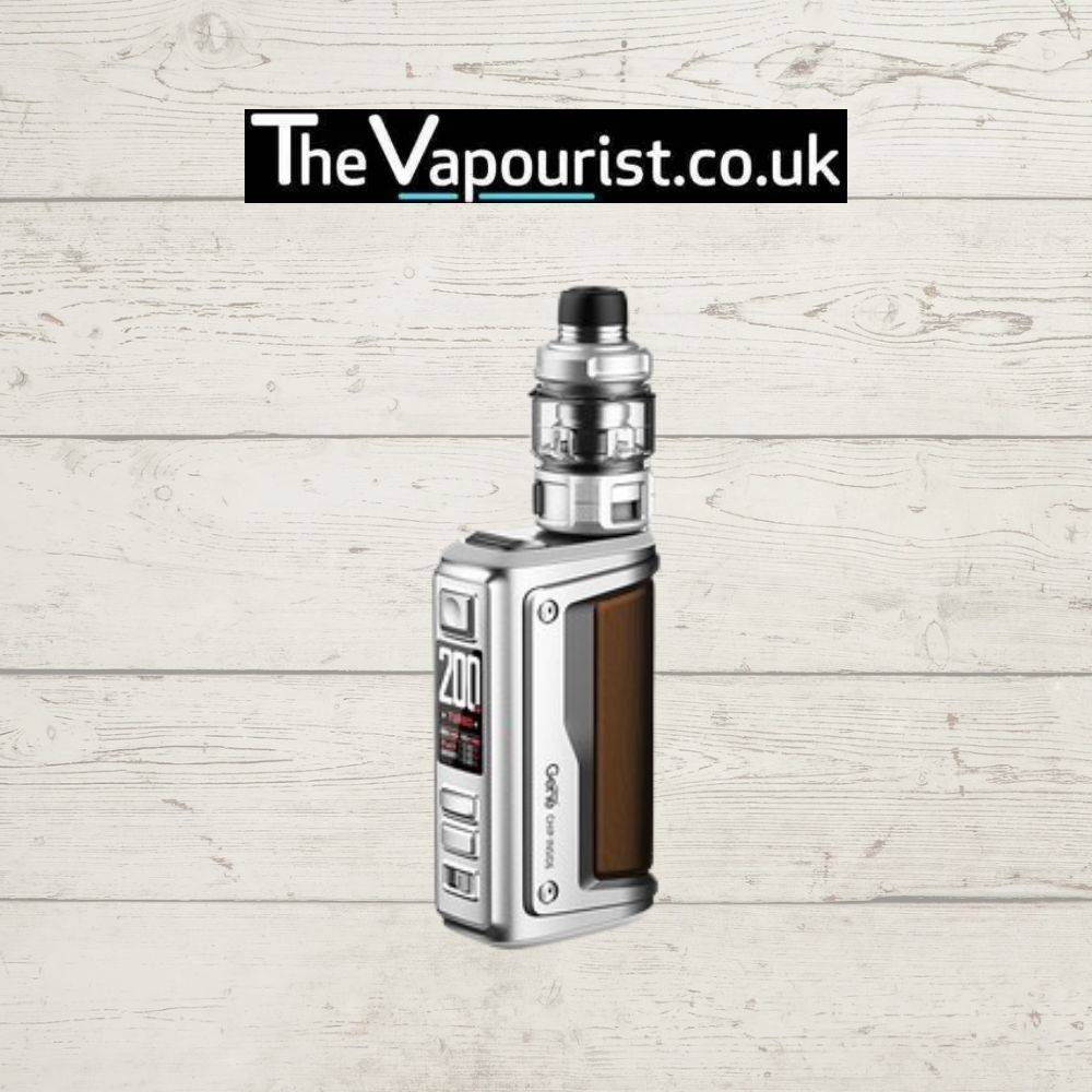 Voopoo Argus GT2 II Kit in silver with brown grip, showcasing 200W display and durable design for high performance and flexibility vaping.