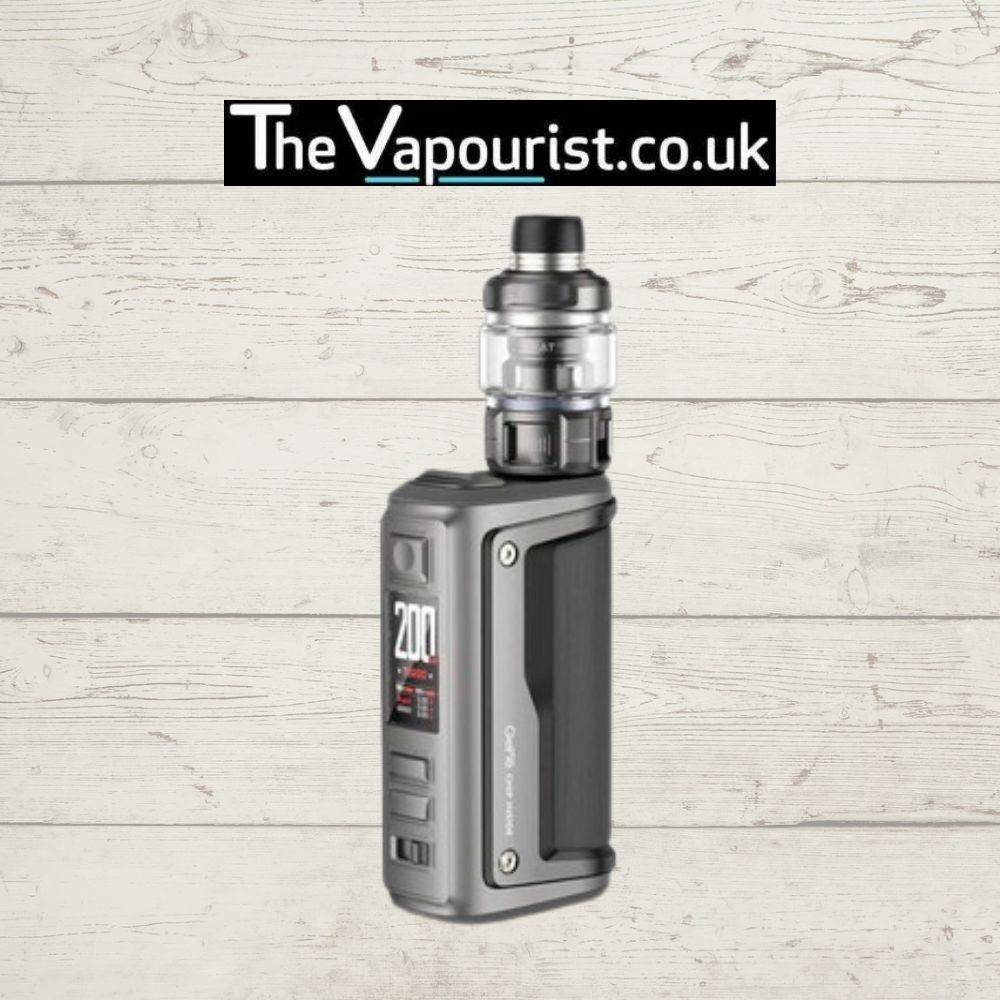 Voopoo Argus GT2 II Kit in gunmetal finish with black grip, featuring advanced 200W output and rugged build for powerful vape sessions.